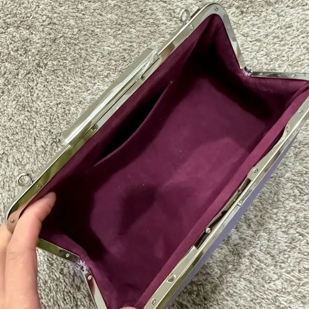 Purple Pebble Calfskin Leather Handmade Push Lock Baguette Bag, Multi Use Style